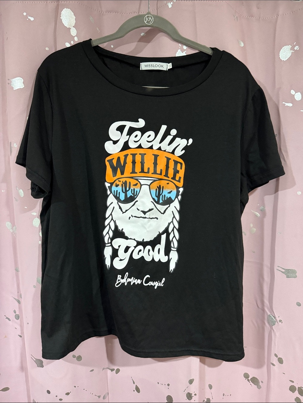 MISSLOOK Black Graphic Tee with Orange & Blue Print